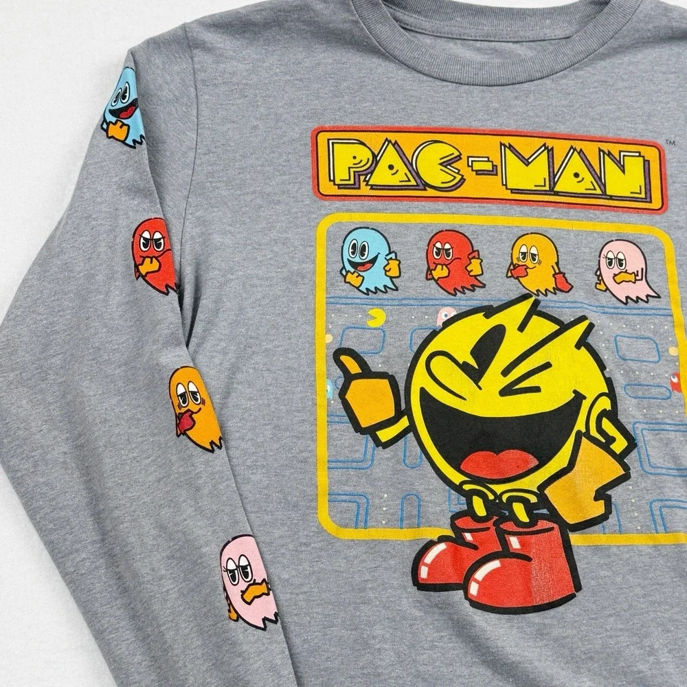 Pac-Man Long Sleeve Graphic T-Shirt Kids Medium 10/12 Gray Ghost Sleeve Gamer - Picture 2 of 4